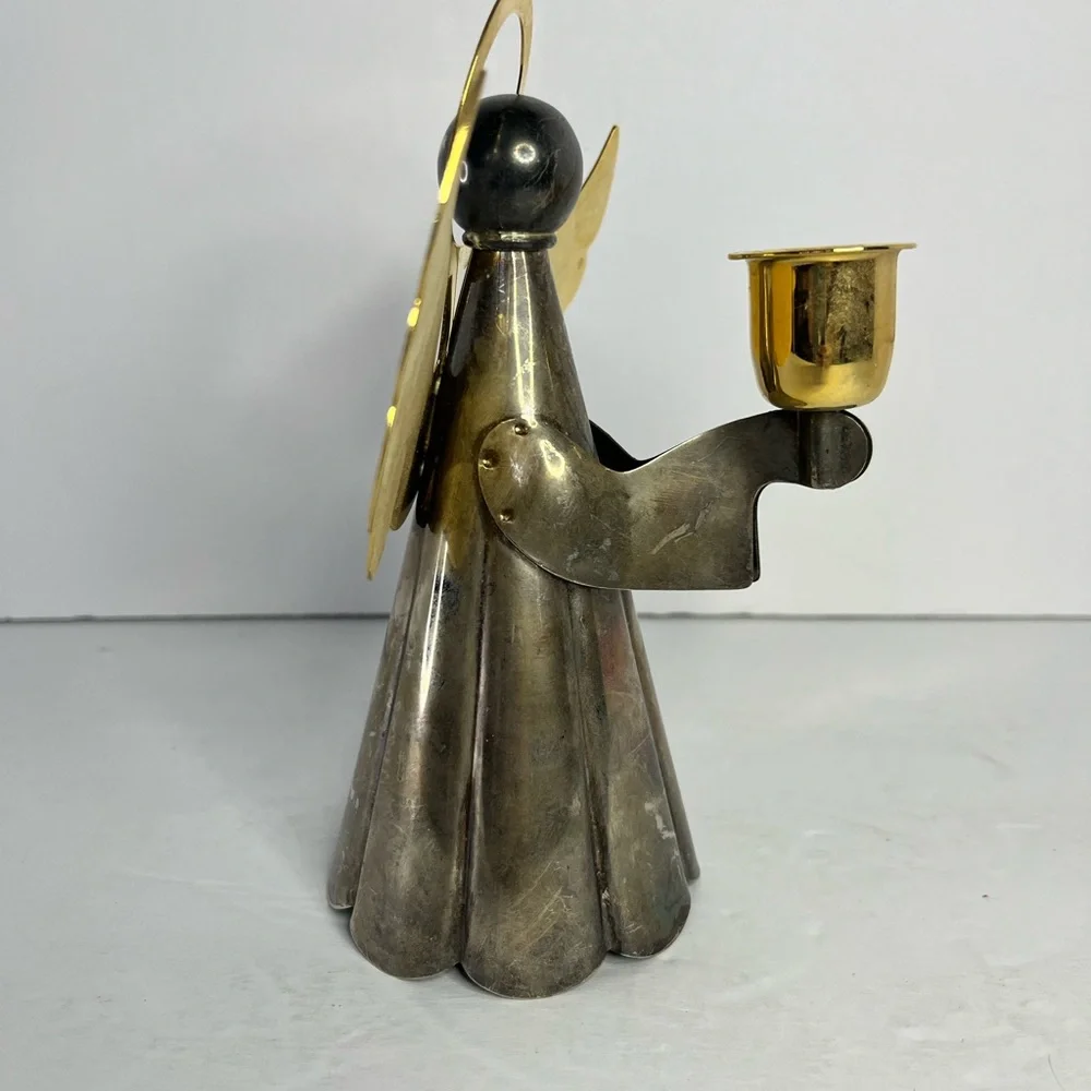 Vintage Angel Christmas Candle Holder 7” Silver /‎ Gold Plated On Brass.